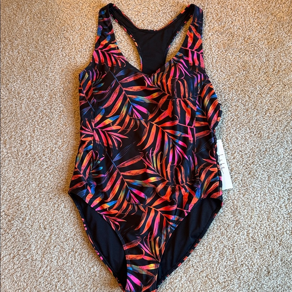 Nicole Miller One Piece Swimsuit Black Electric Palms Built in Bra size large